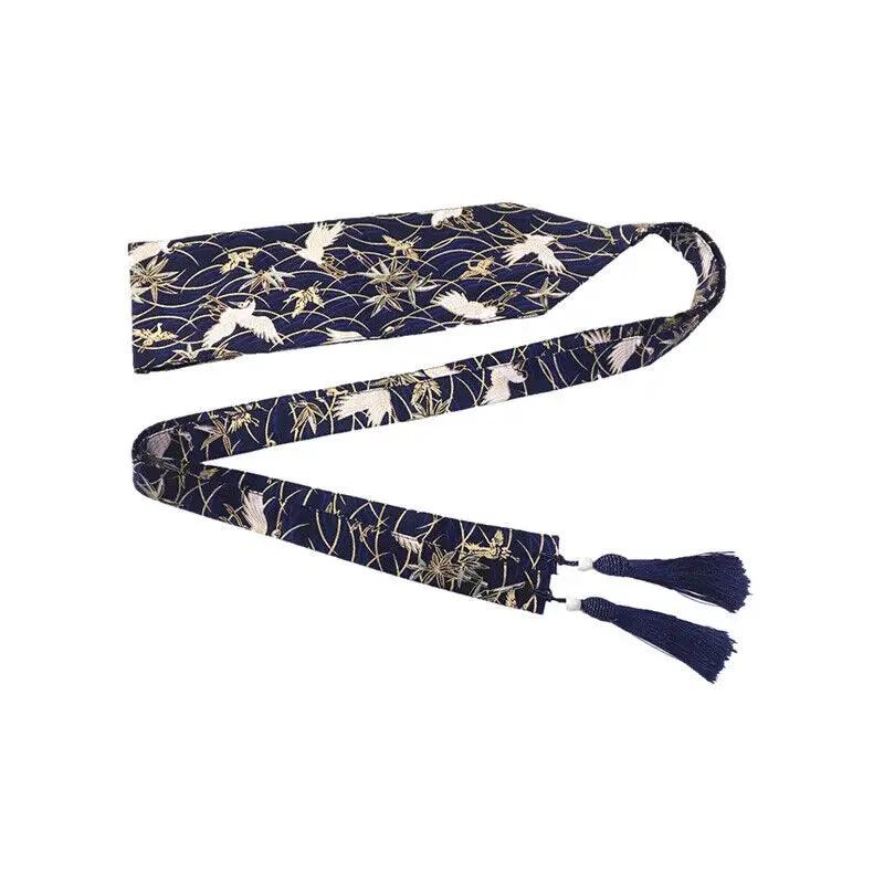 Ceinture Obi Japonaise Bleu Marine Motif Grues Dorées – Image 2