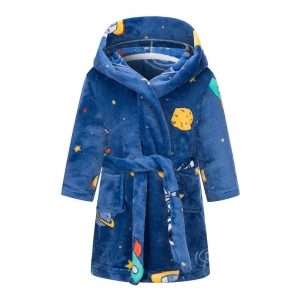 Peignoir Enfant Bleu Ciel Motif Espace à Capuche Polaire