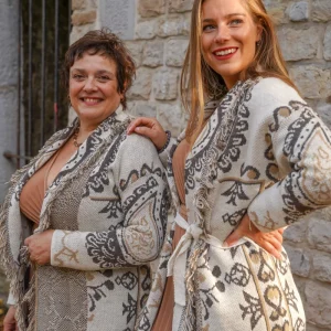 -50% Poncho beige à motifs