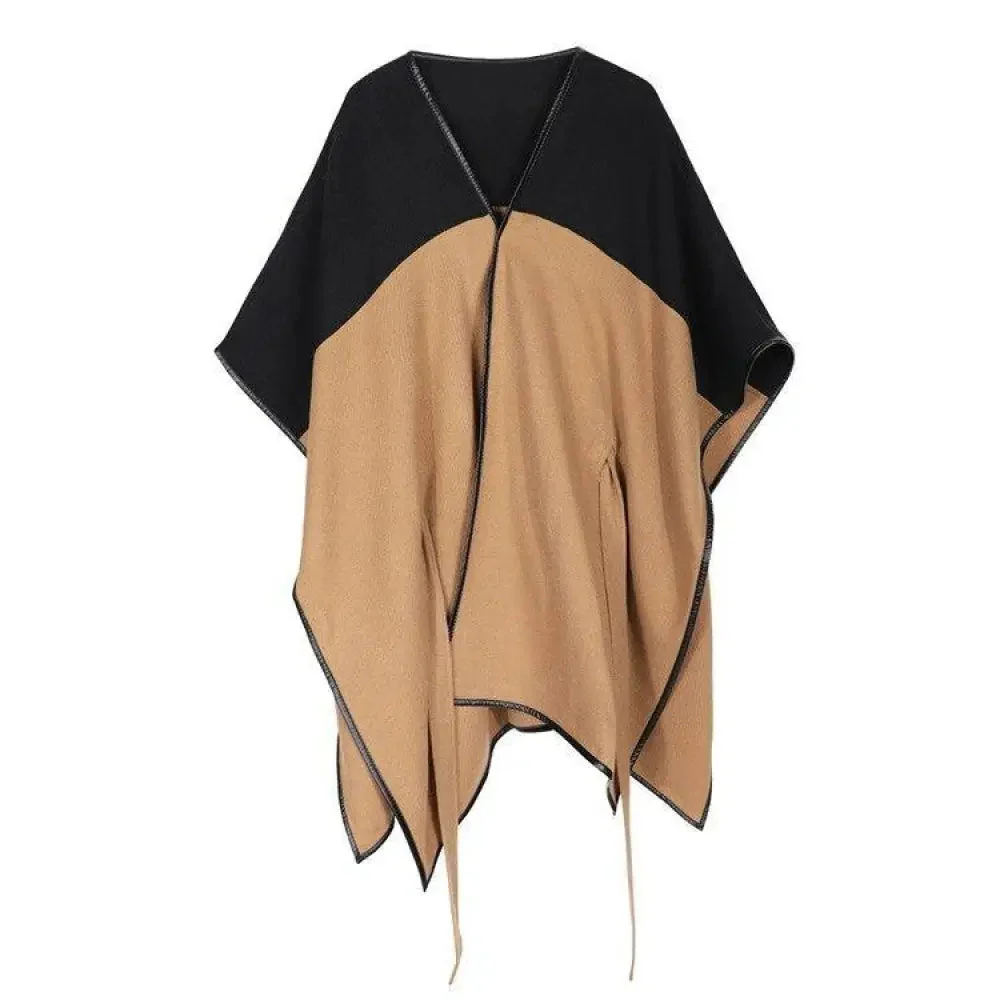 Poncho Bicolore Camel et Noir Ceinture – Image 3