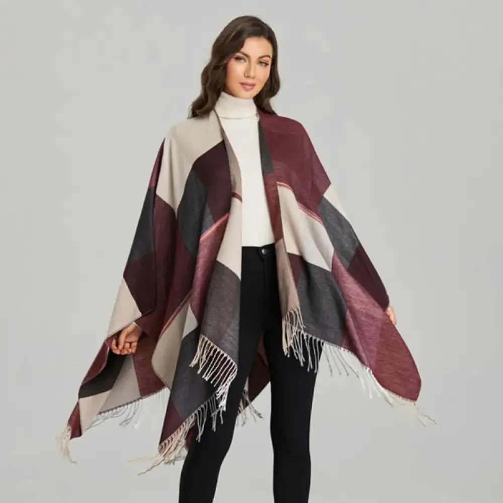 Poncho Bordeaux à Franges Femme – Image 2