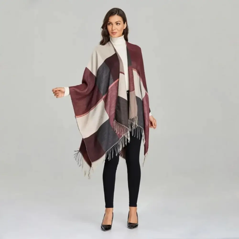 Poncho Bordeaux à Franges Femme – Image 5