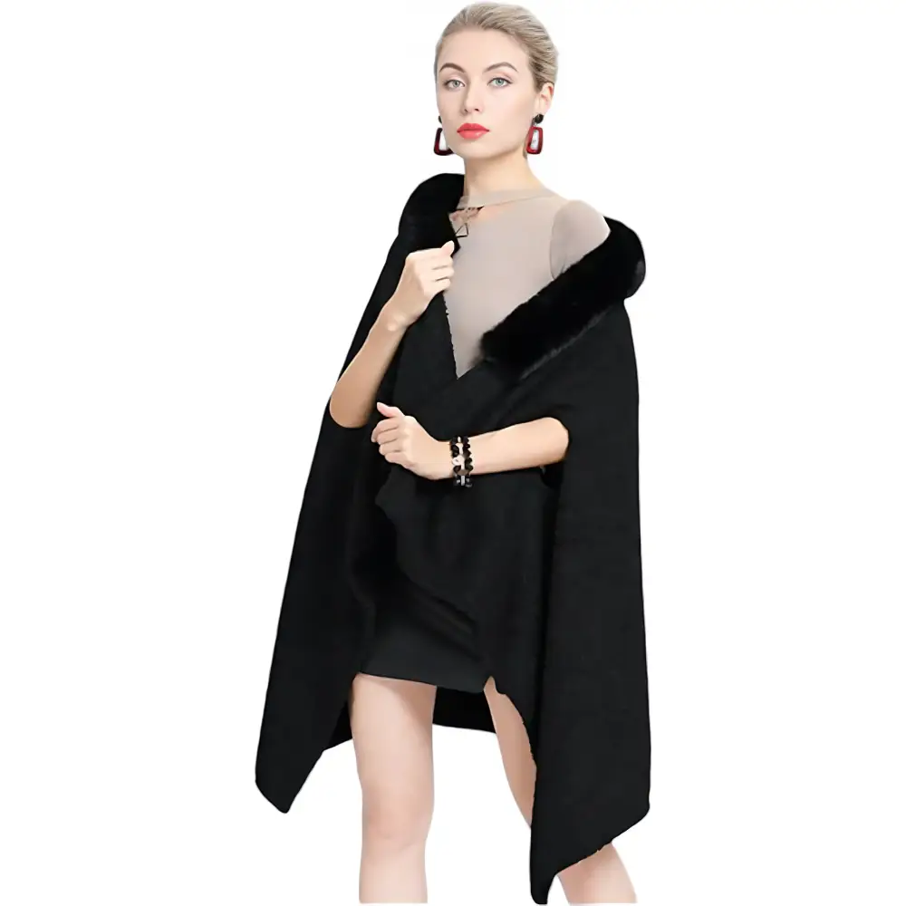Poncho femme noir fourrure – Image 3