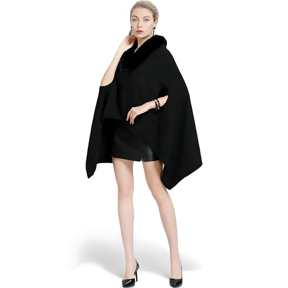 Poncho femme noir fourrure – Image 5