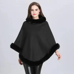 Poncho Noir Col Fausse Fourrure