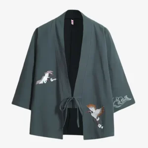 Veste Kimono Bleu Gris Lin Grues Japonaise