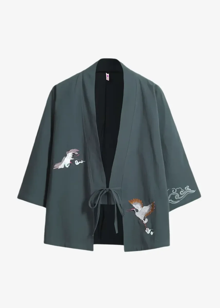 Veste Kimono Bleu Gris Lin Grues Japonaise – Image 2
