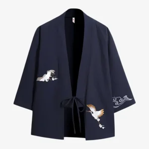 Veste Kimono Bleu Marine Lin Grues Japonaise