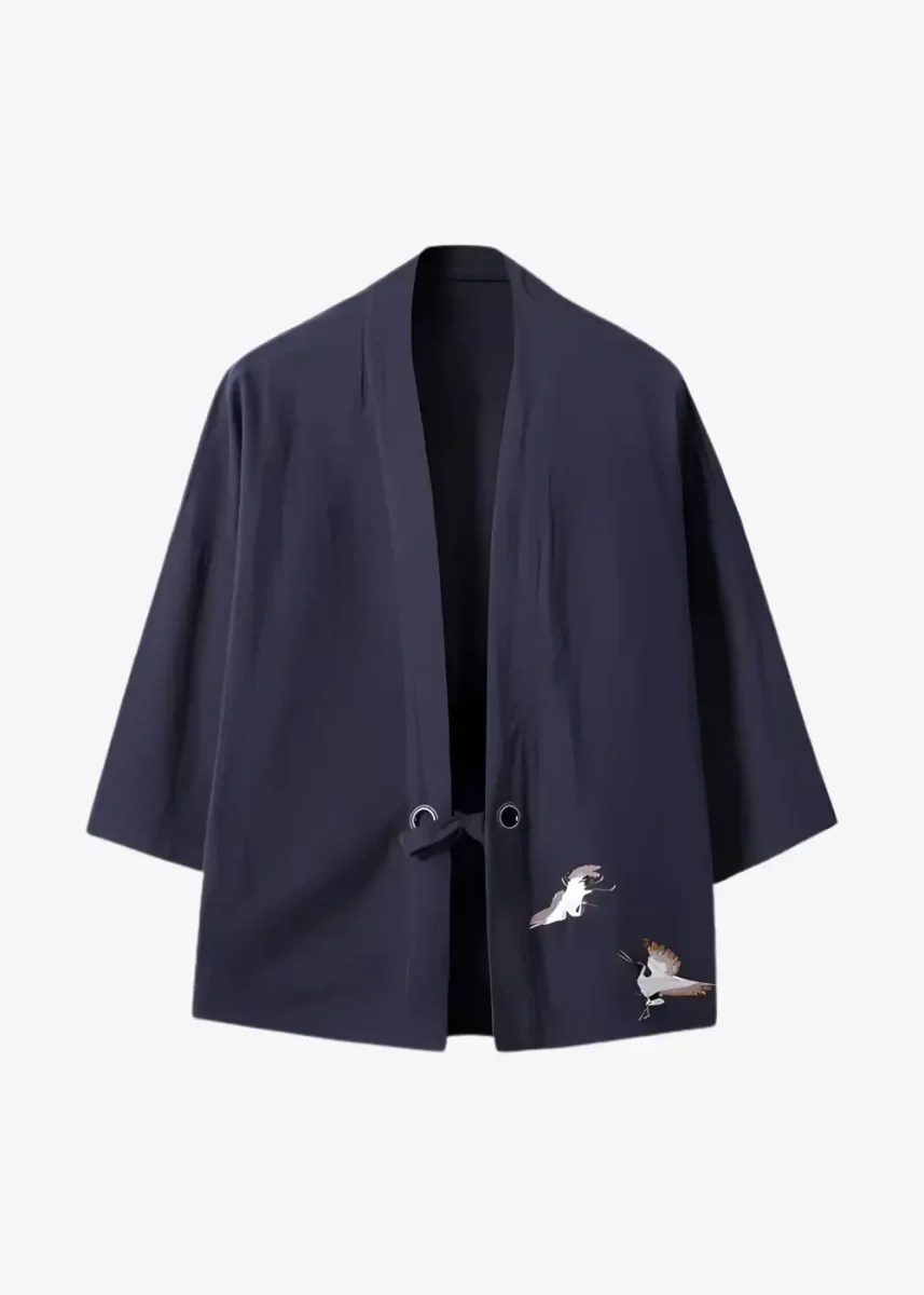 Veste Kimono Bleu Nuit Grues Japonaise – Image 2