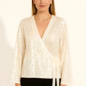 Veste Kimono Cache-Cœur à Paillettes Blanc