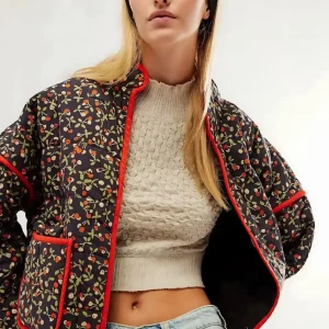 Veste Kimono Femme à Fleur Noire et Rouge