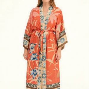 Veste Kimono Fleuri Rouge