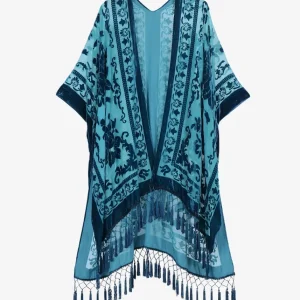 Veste Kimono Florale Noire Et Bleue