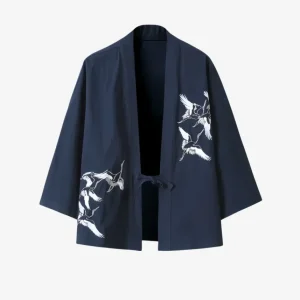 Veste Kimono Homme Bleu en Coton | Grues