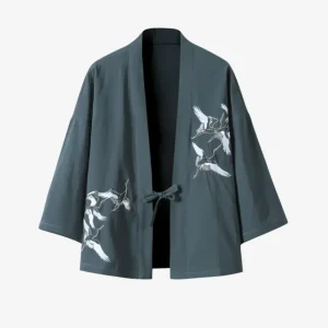 Veste Kimono Homme Bleu Pétrole Coton | Grues