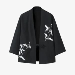 Veste Kimono Homme Noir en Coton | Grues