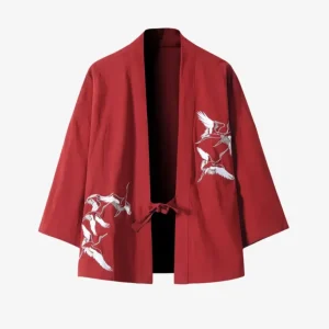 Veste Kimono Homme Rouge en Coton | Grues