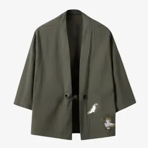 Veste Kimono Kaki Lin Grues Japonaise