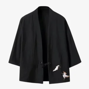 Veste Kimono Noire en Lin Grues Japonaise