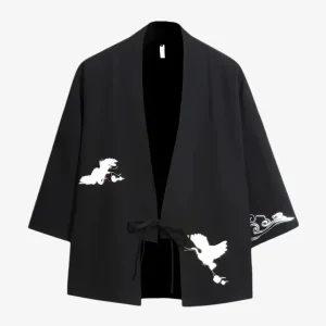 Veste Kimono Noire Grues Japonaise