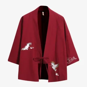 Veste Kimono Rouge en Lin Grues Japonaise