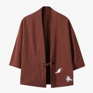 Veste Kimono Rouge Vin Grues Japonaise