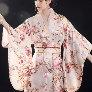 Yukata Kimono Femme Japonais Avec Obi Beige