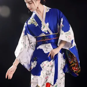 Yukata Kimono Femme Japonais Avec Obi Bleu