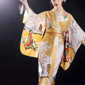 Yukata Kimono Femme Japonais Avec Obi Jaune