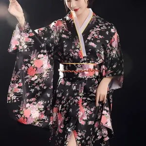 Yukata Kimono Femme Japonais Avec Obi Noir